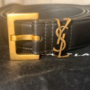 Saint Laurent Black Leather Belt with Gold YSL Logo Buckle